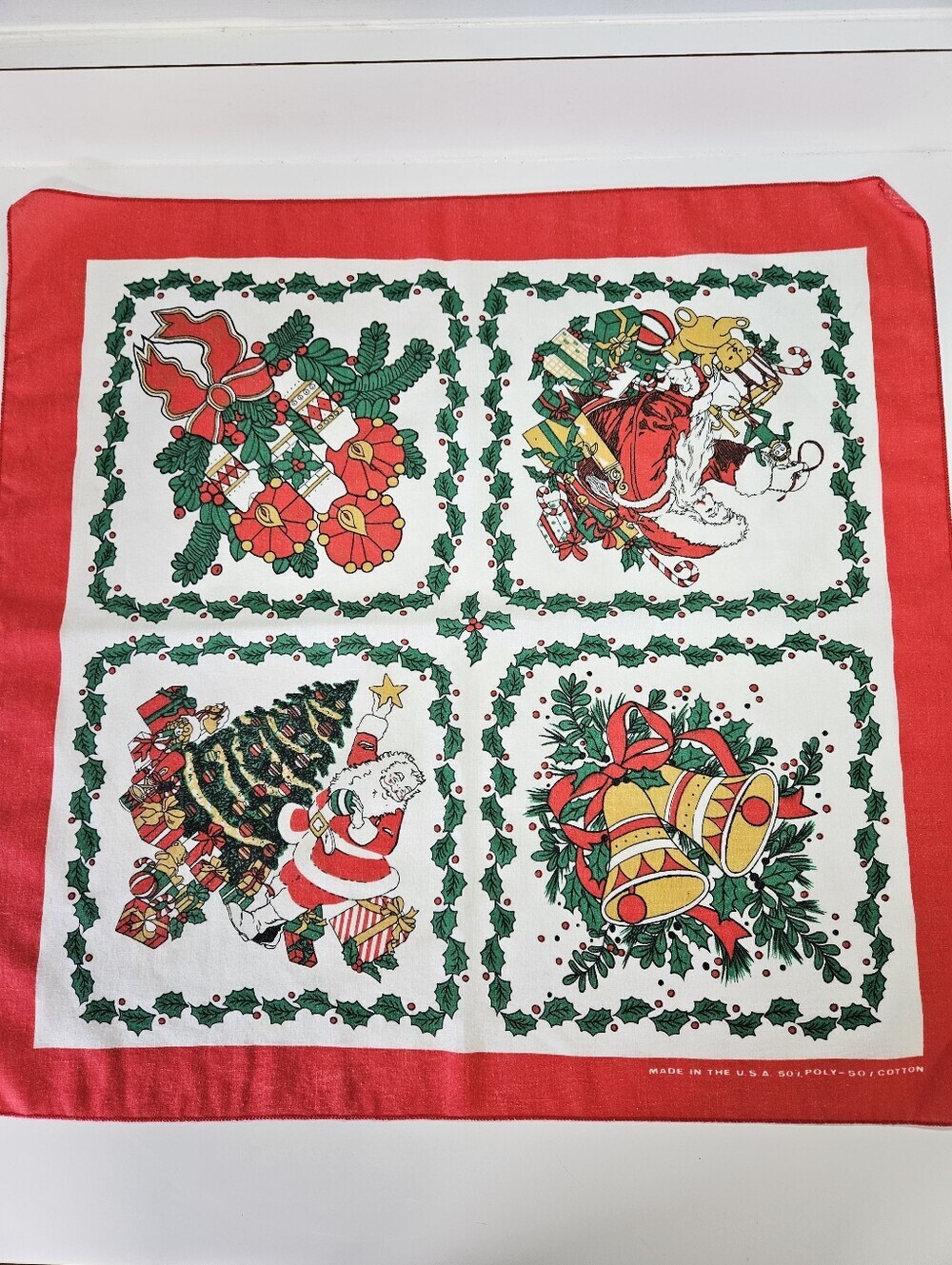 VINTAGE Christmas Square Bandana USA Made Santa 21" x 21" VTG